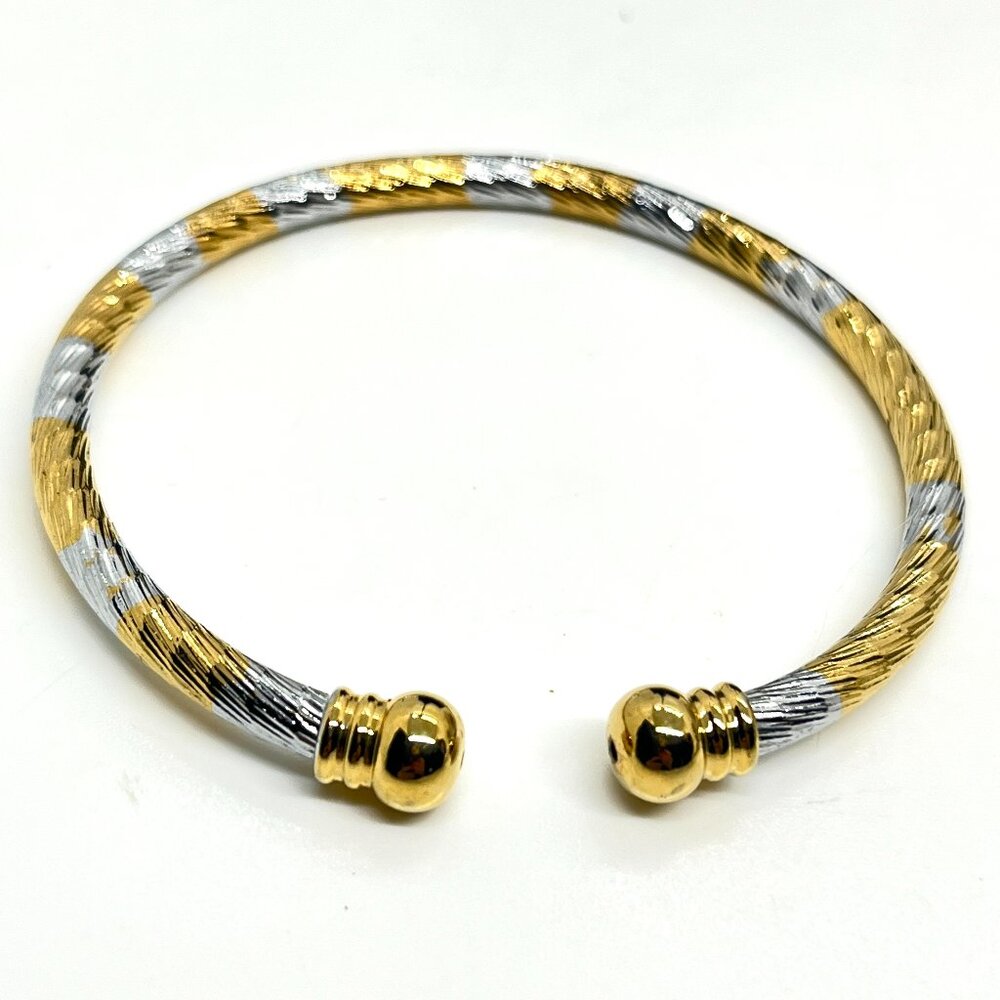 VINTAGE TWO TONE GOLD SILVER TEXTURED CUFF BRACELET RIGID BANGLE STATEMENT
